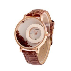 Leather Band Classy Brown Women Rhinestone Elegant Quartz Wrist Watch